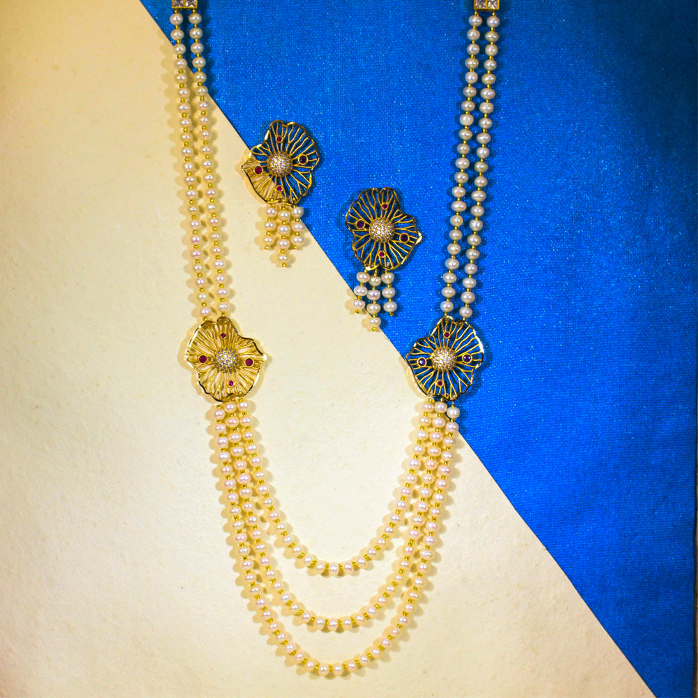 Royal Floral Freshwater Pearl Long Necklace Set