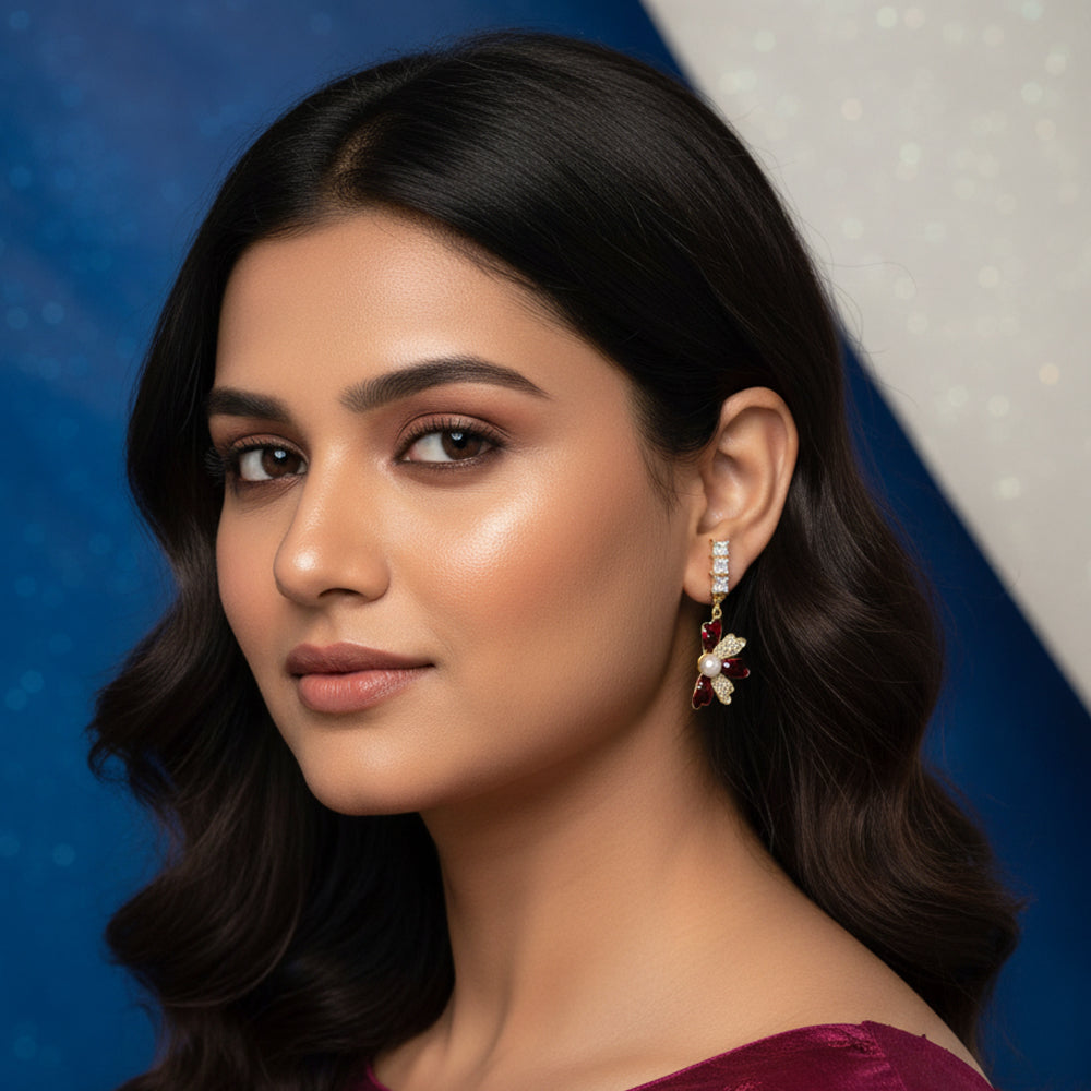 Shiuli Flower Motive Pearl & Meenakari Earrings