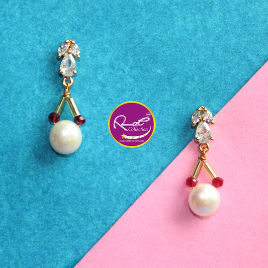 Sleek Button Shape Pearls & Maroon Crystal Necklace