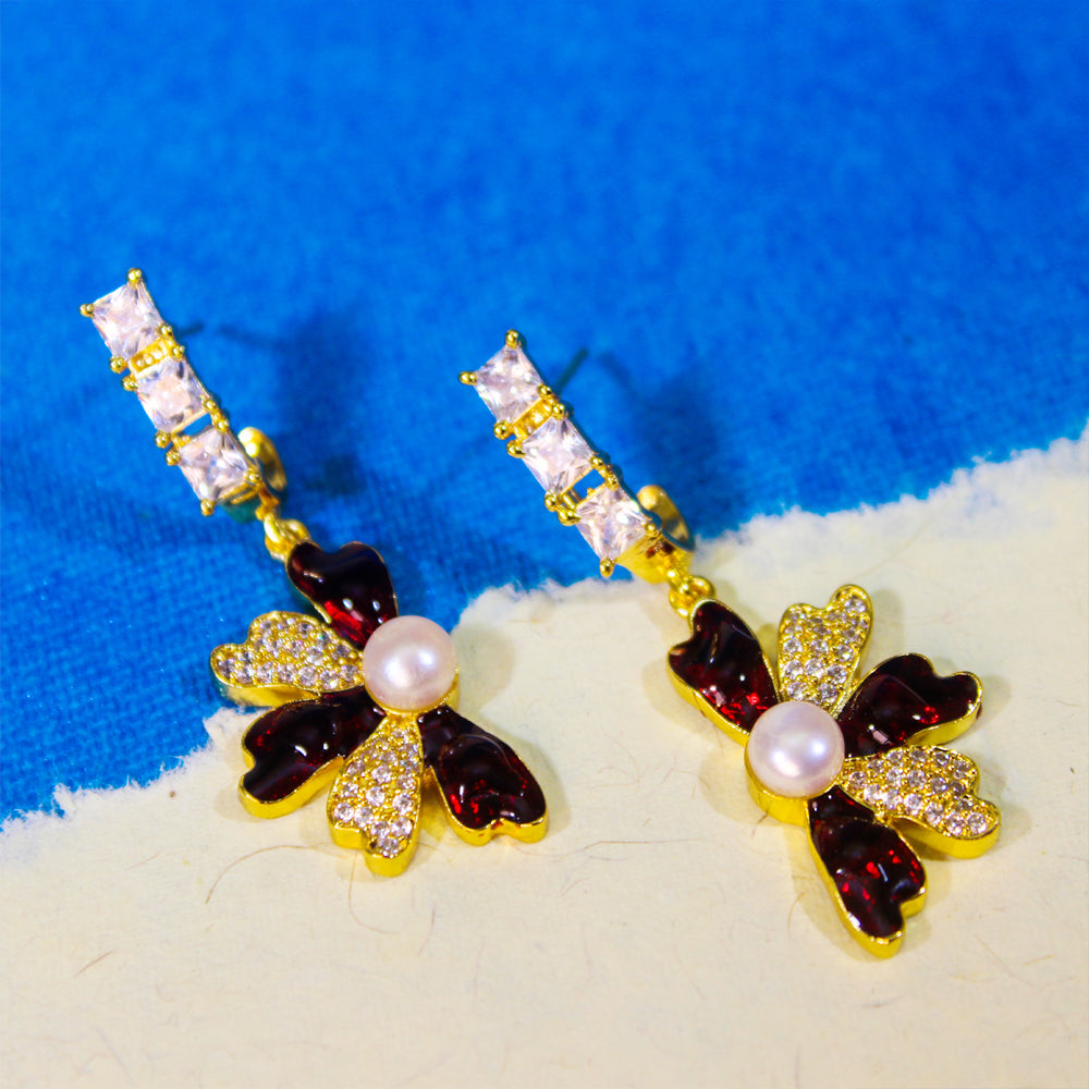 Shiuli Flower Motive Pearl & Meenakari Earrings