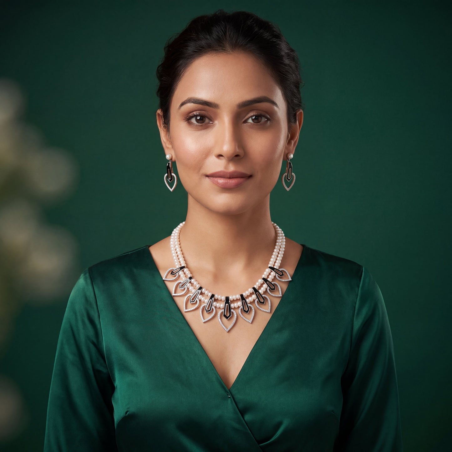 Black Meena & Pearl Leaf Necklace Set