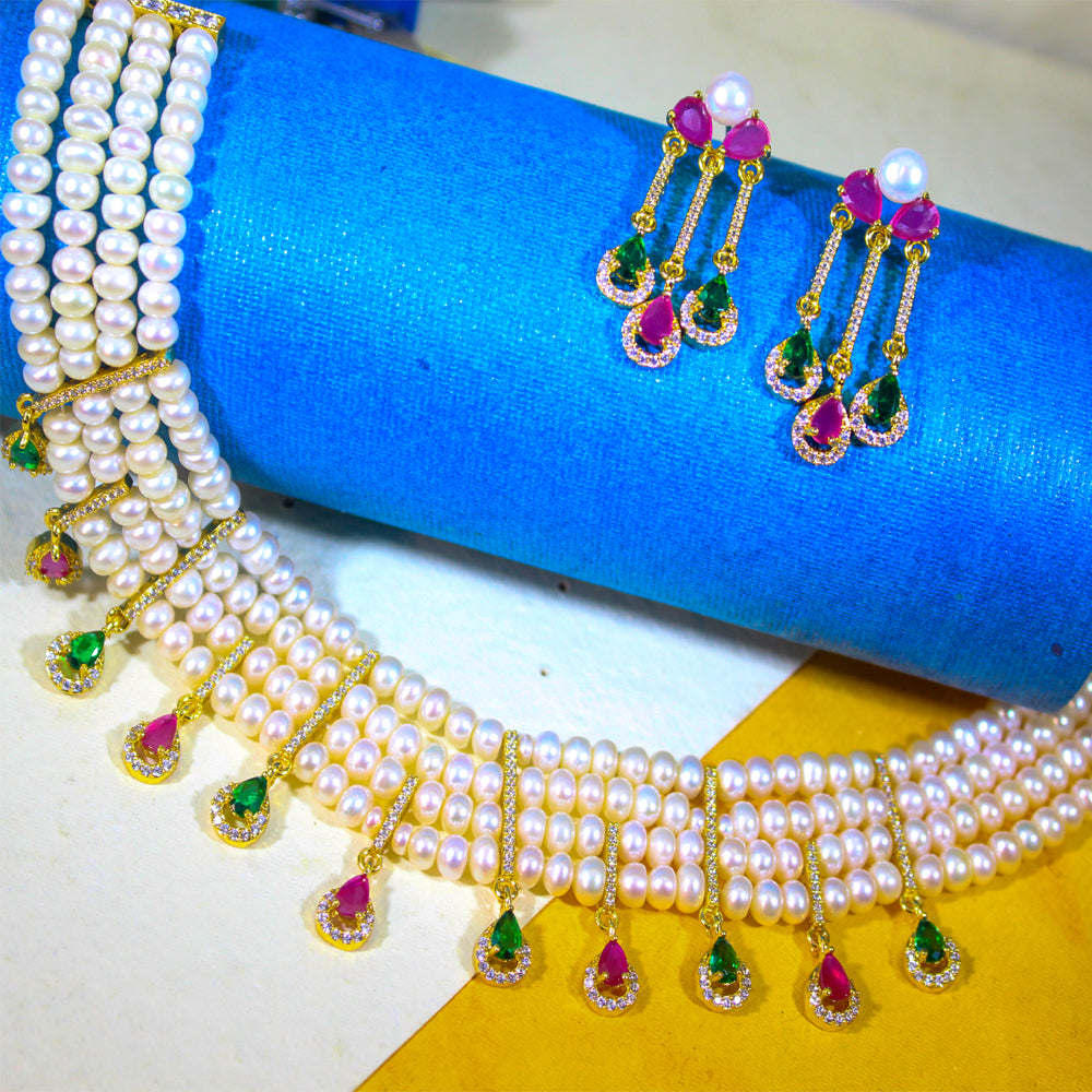 Royal Pearl Ruby Emerald Cascade Necklace Set
