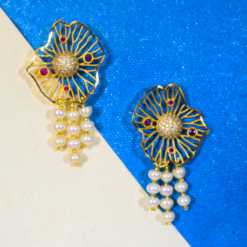 Royal Floral Freshwater Pearl Long Necklace Set