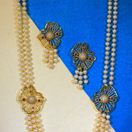 Royal Floral Freshwater Pearl Long Necklace Set