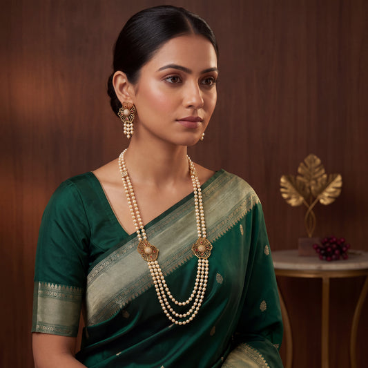 Royal Floral Freshwater Pearl Long Necklace Set