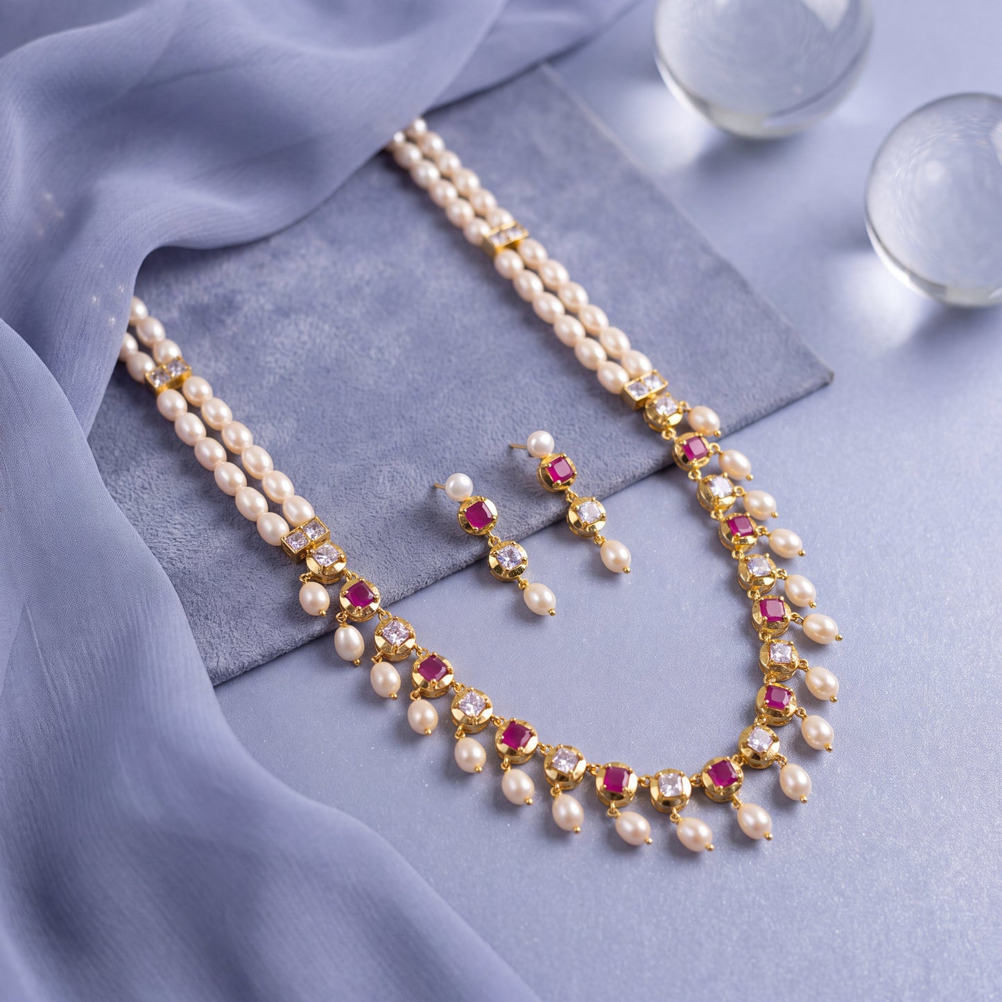 Ruby Pearl Royal Cascade Necklace Set
