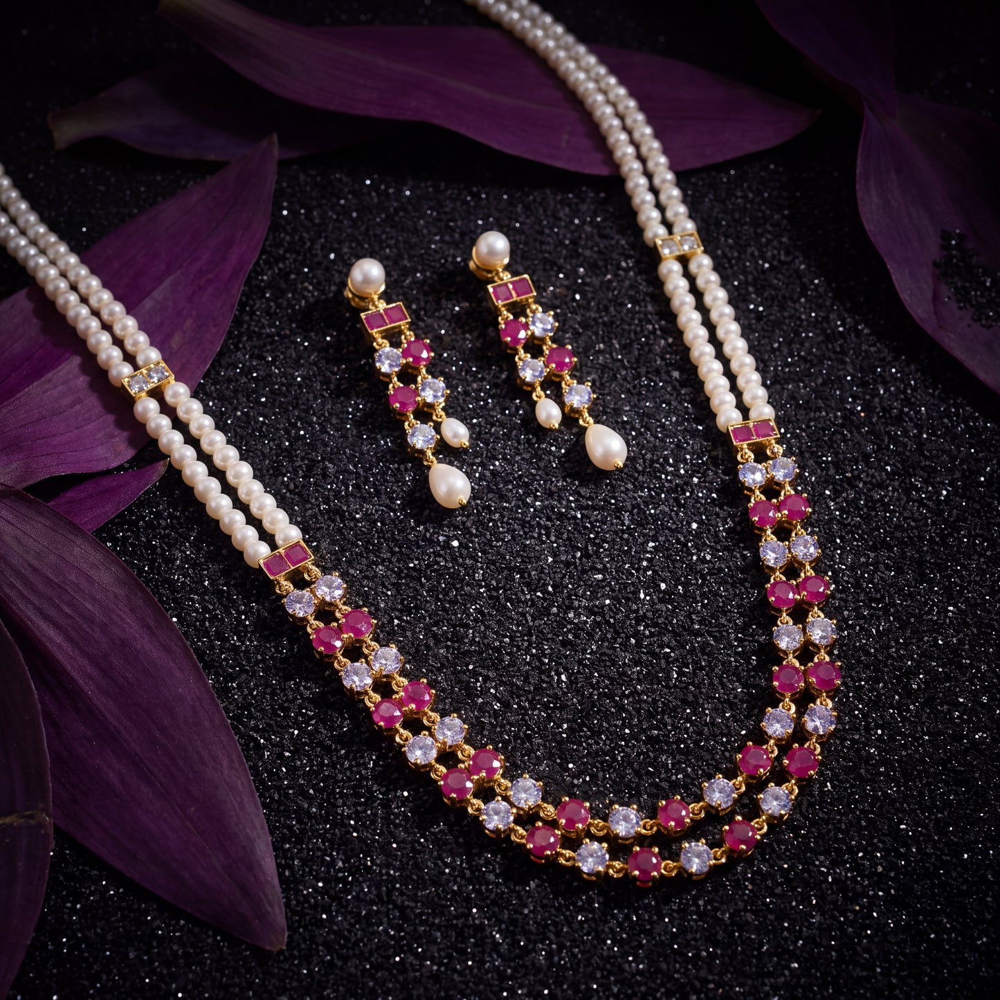 Ruby Pearl Long Royale Necklace Set
