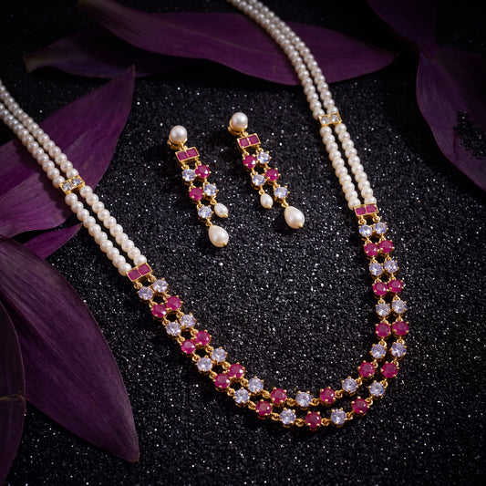 Ruby Pearl Long Royale Necklace Set