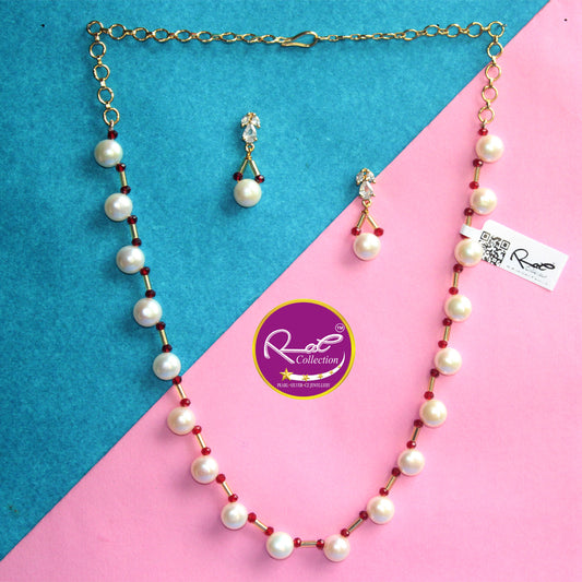 Sleek Button Shape Pearls & Maroon Crystal Necklace