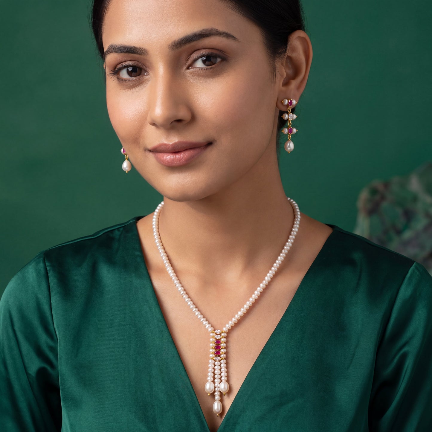 Elegant Freshwater Pearl & Ruby Accent Jewelry Set