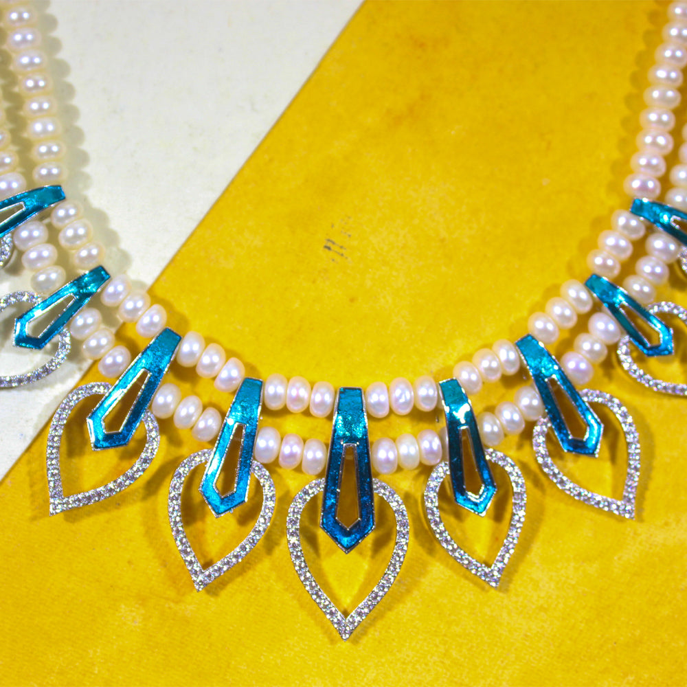 Peacock blue Meena & Pearl Leaf  Necklace Set