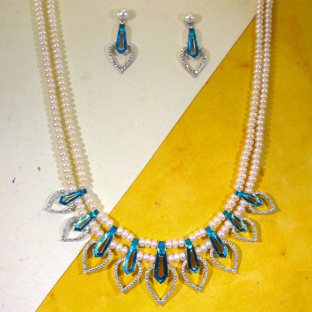 Peacock blue Meena & Pearl Leaf  Necklace Set