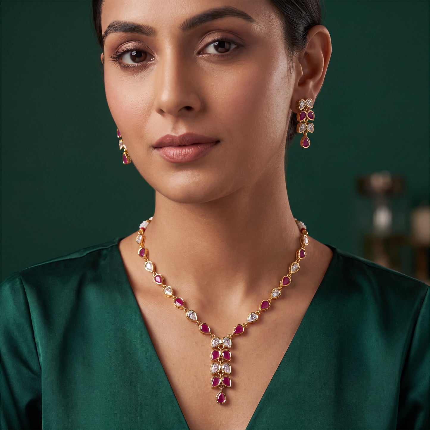 Ruby Blossom Cascade Necklace Set