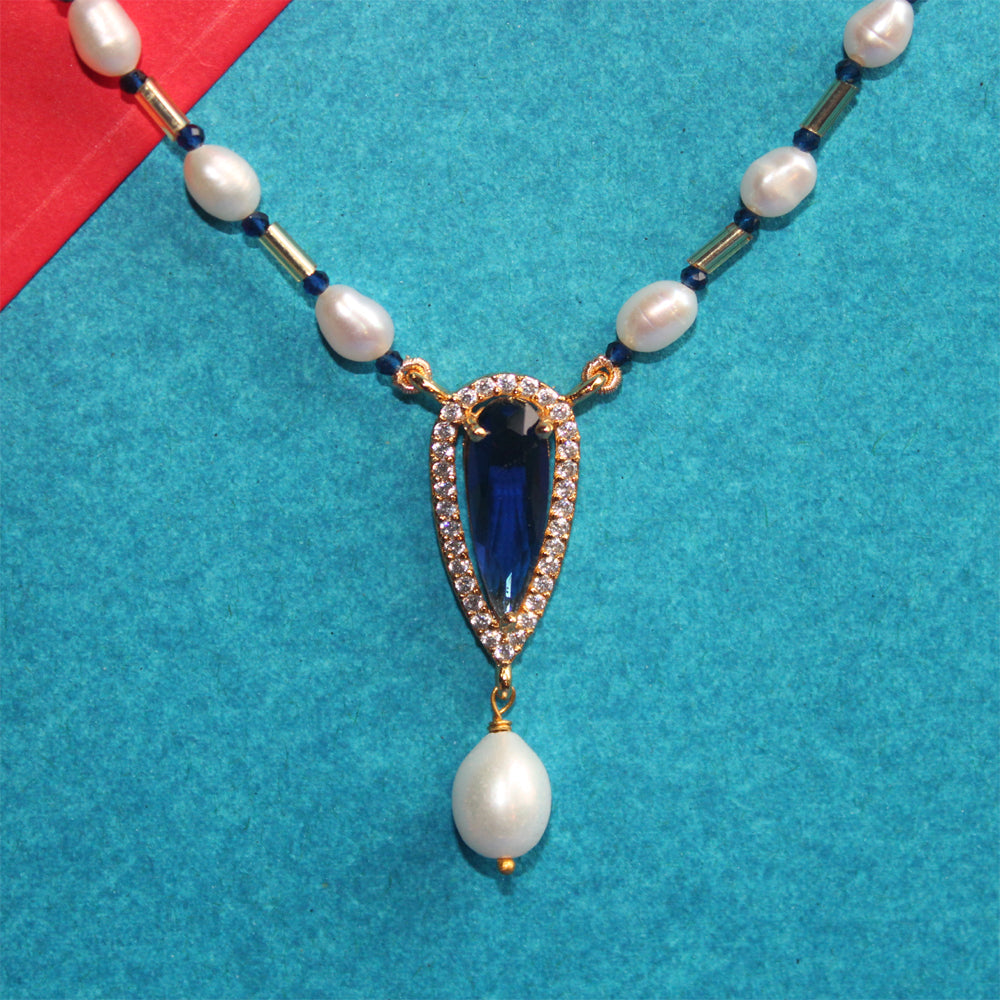 Blue Glass Stone & Pearl Necklace Set
