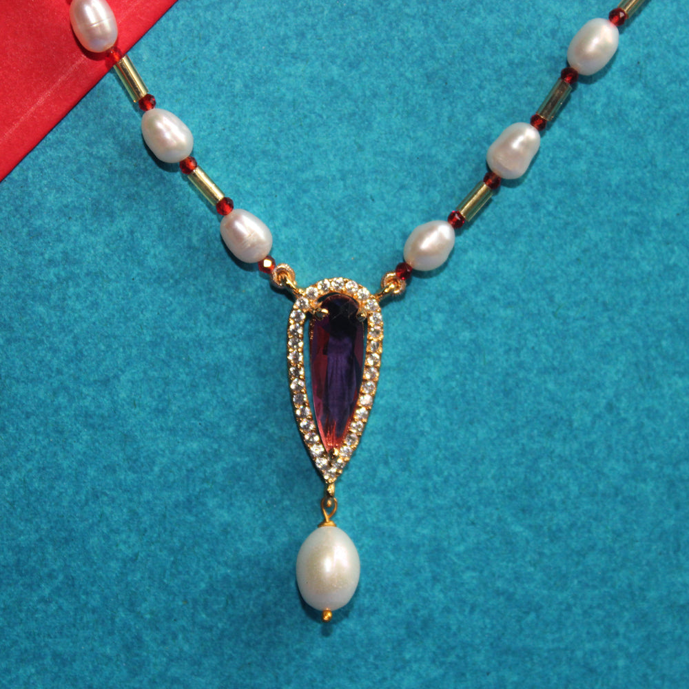 Red Glass Stone & Pearl Necklace Set