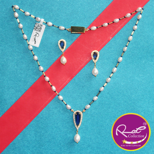 Blue Glass Stone & Pearl Necklace Set