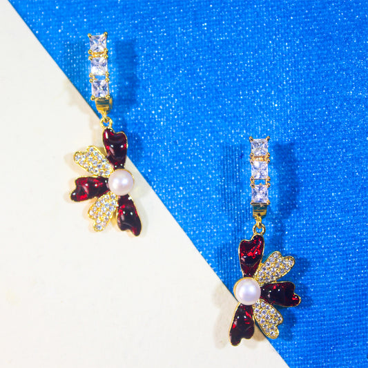 Shiuli Flower Motive Pearl & Meenakari Earrings